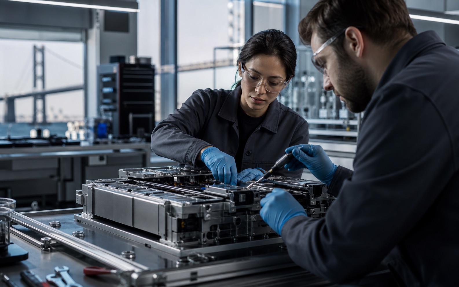 Engineers assembling an advanced energy system